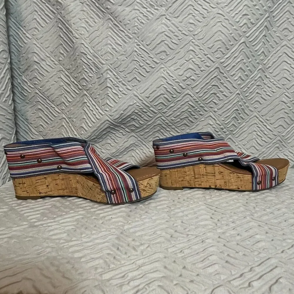 Crown Vintage Multicolor Sandals Womens 8M Crisscross Wedge Cork Fabric Summer